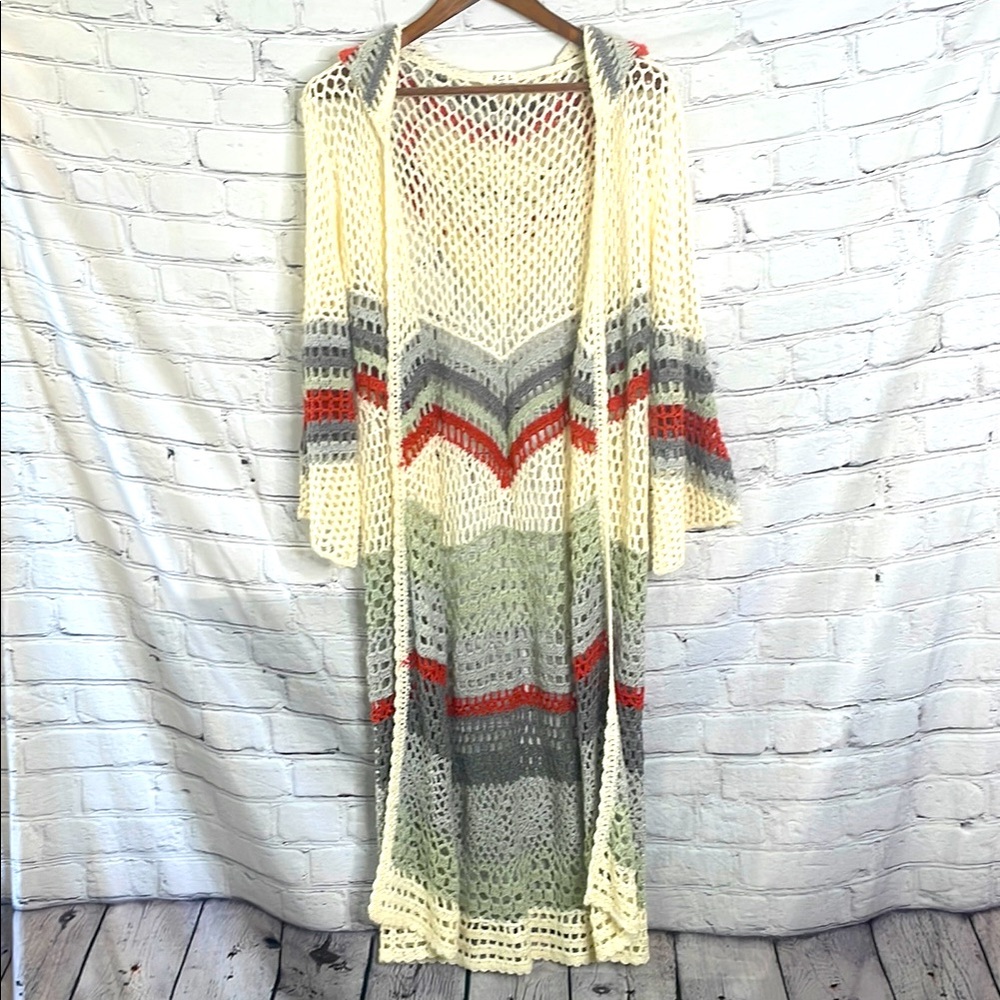 POL Cream Burnt Orange Gray Hooded Crochet Long Sleeve Long Sweater Size Medium